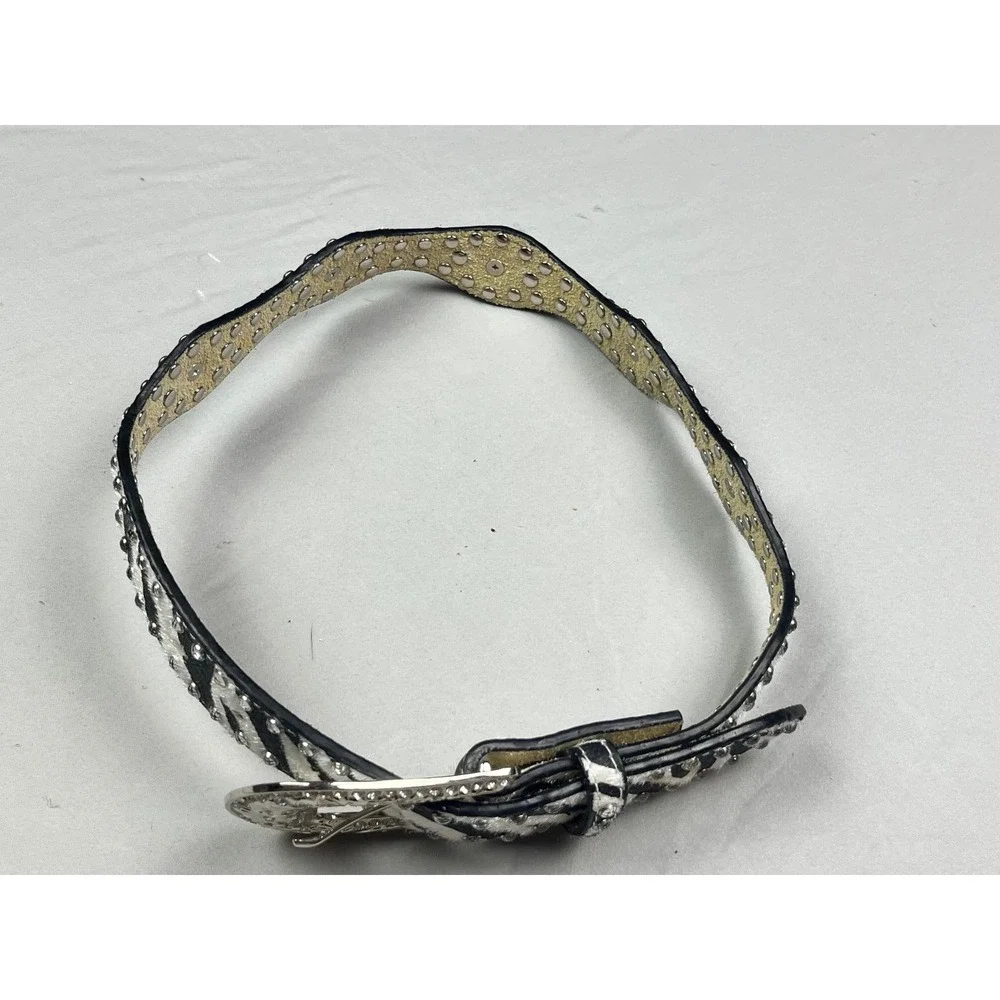 Nocona Zebra Print Calf Hair Western Belt Rhinestone Studded Scalloped Black 28